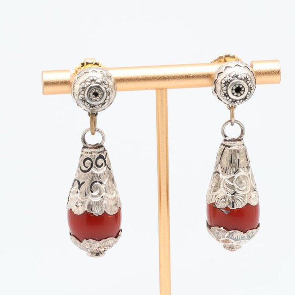 Vintage Sterling Silver Red Coral Teardrop Dangle Earrings - Picture 4 of 6